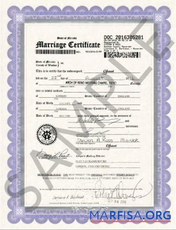 Printable USA Nevada Registry office marriage certificate example